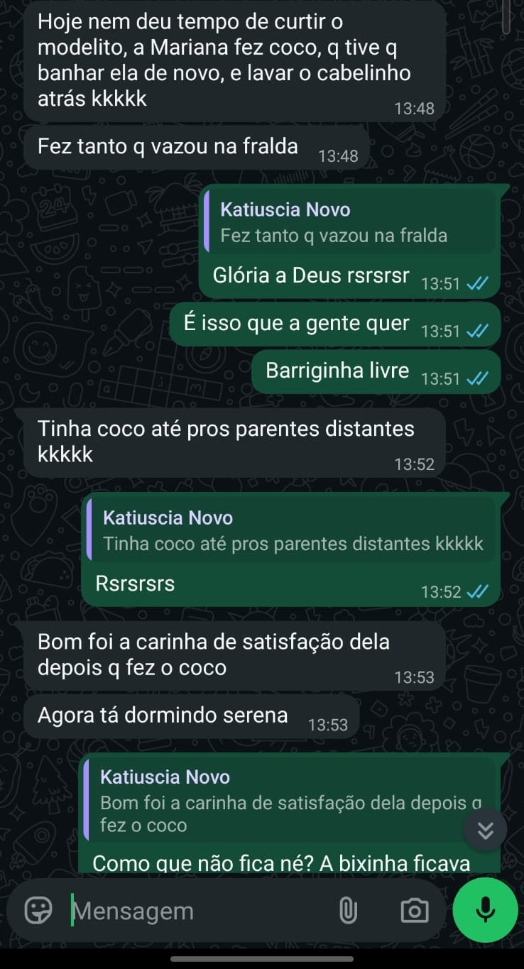 Print de conversa em que a mãe da Mariana descreve o alívio do bebê após evacuar.